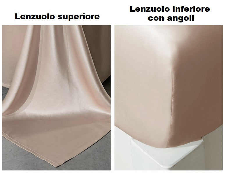 Dettaglio lenzuolo inferiore di seta e lenzuolo superiore in seta. Set completo di lenzuola in seta con le federe di seta Offtopic