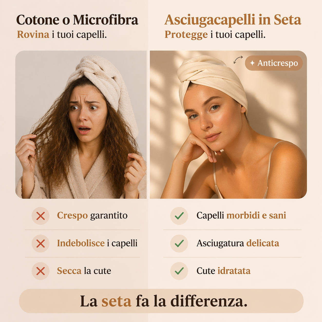turbante asciugacapelli in cotone e microfibra vs asciugacapelli in seta pura